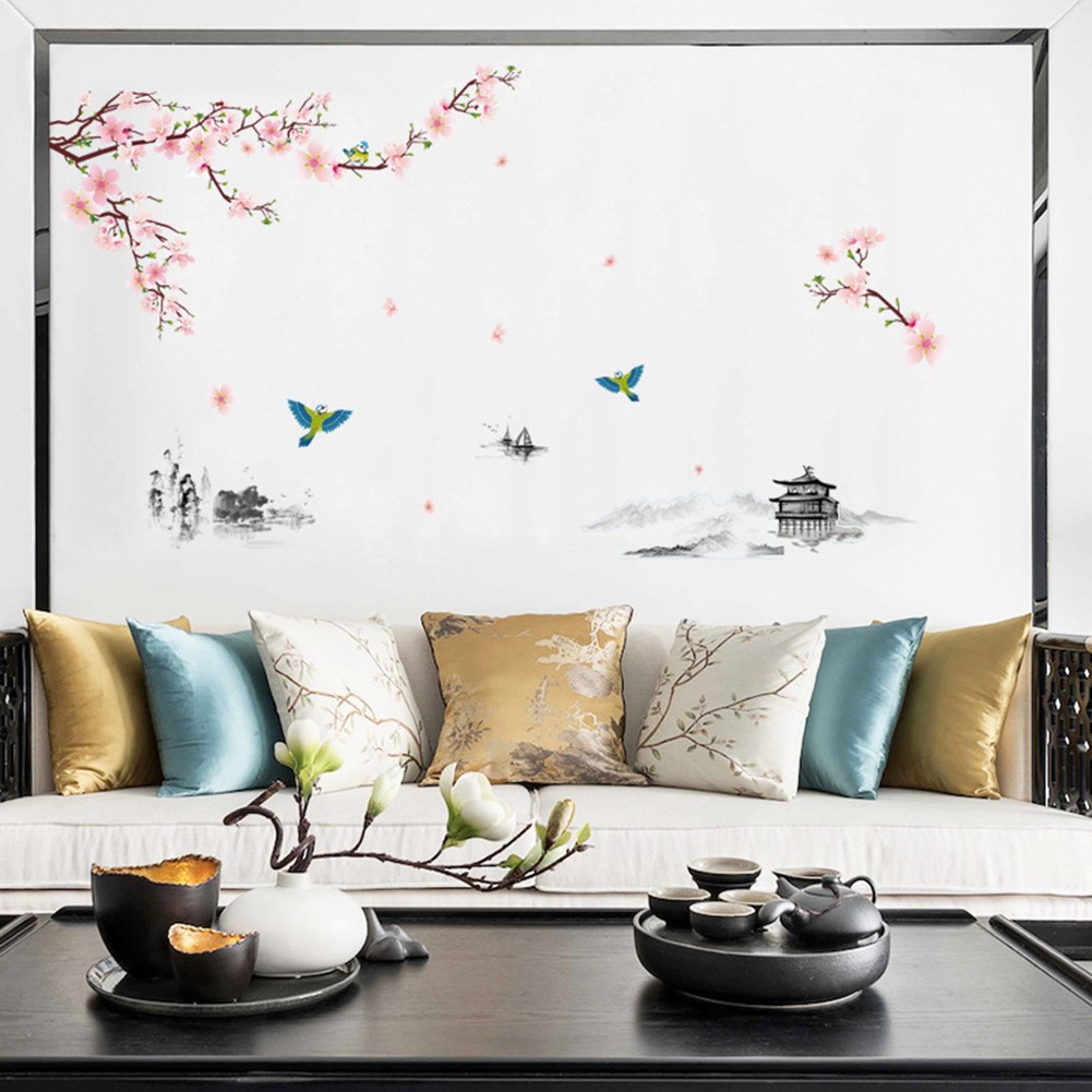 Flower Wall Stickers Graceful Peach Blossom Birds Sticker Living Room ...