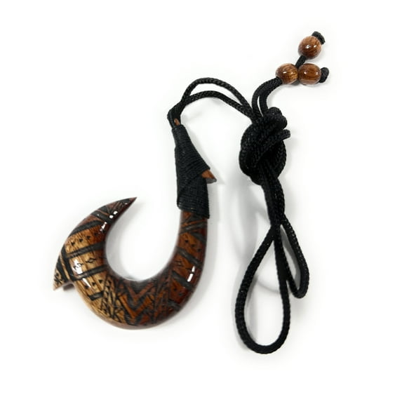 Koa Fish Hook 3 inch w/ Tattoo Etching Pendant Adjustable Necklace - Made In Hawaii | #koap525exl