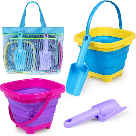 Cubos de playa plegables TSDATOWR para niños con bolsa de malla, paquete de 2