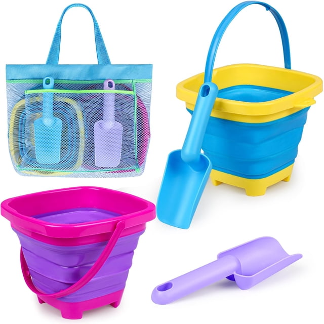 Cubos de playa plegables TSDATOWR para niños con bolsa de malla, paquete de 2