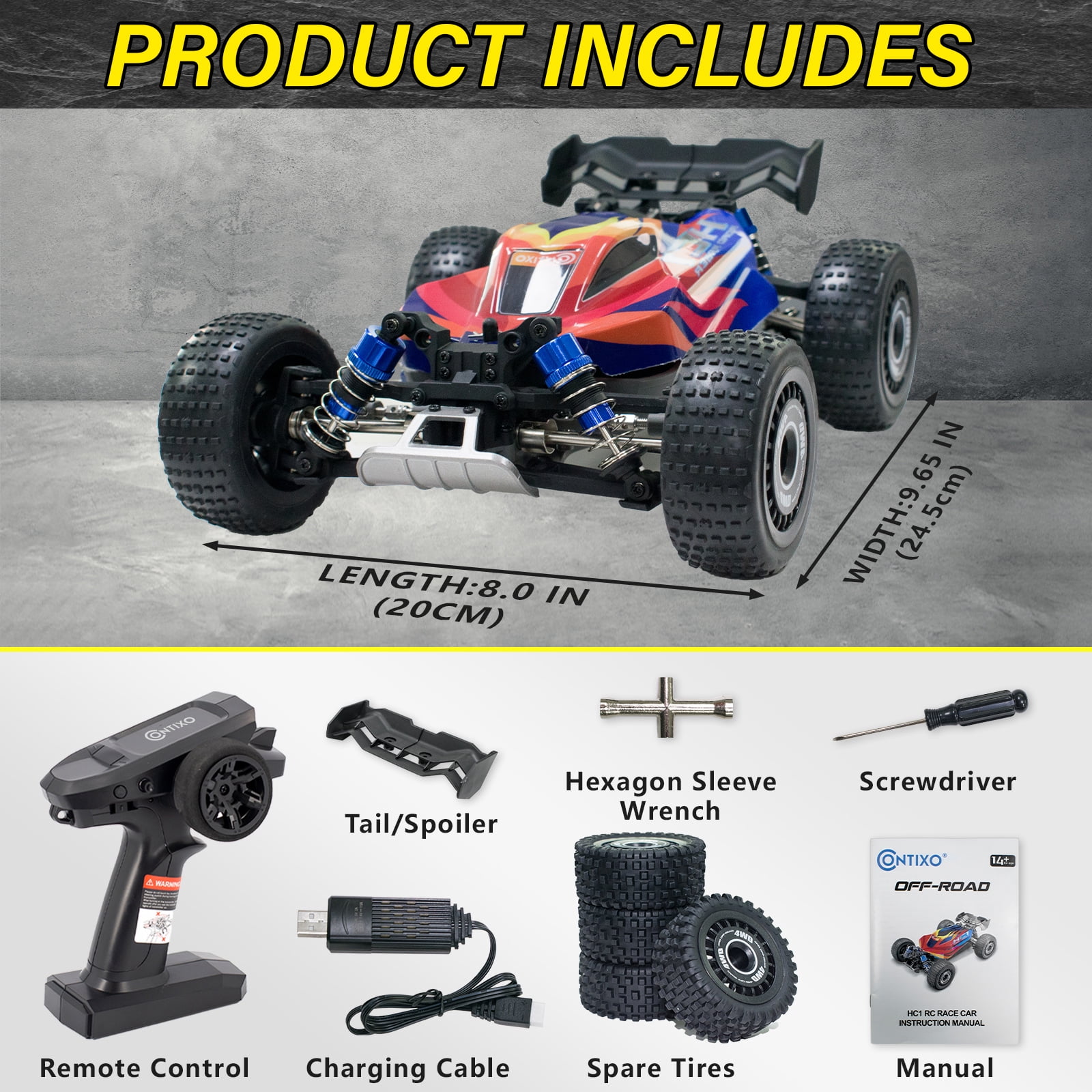 Contixo HC1 Road Rager RC Car, 1:16 Scale 4WD Remote Control Cars with Brushless Motor, All-Terrain, Red