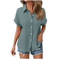 thumbnail image 4 of Shirts for Women Lapel Button Down Solid Color Short Sleeve Summer Loose Comfy Blouse Tops with Pocket Navy M, 4 of 7