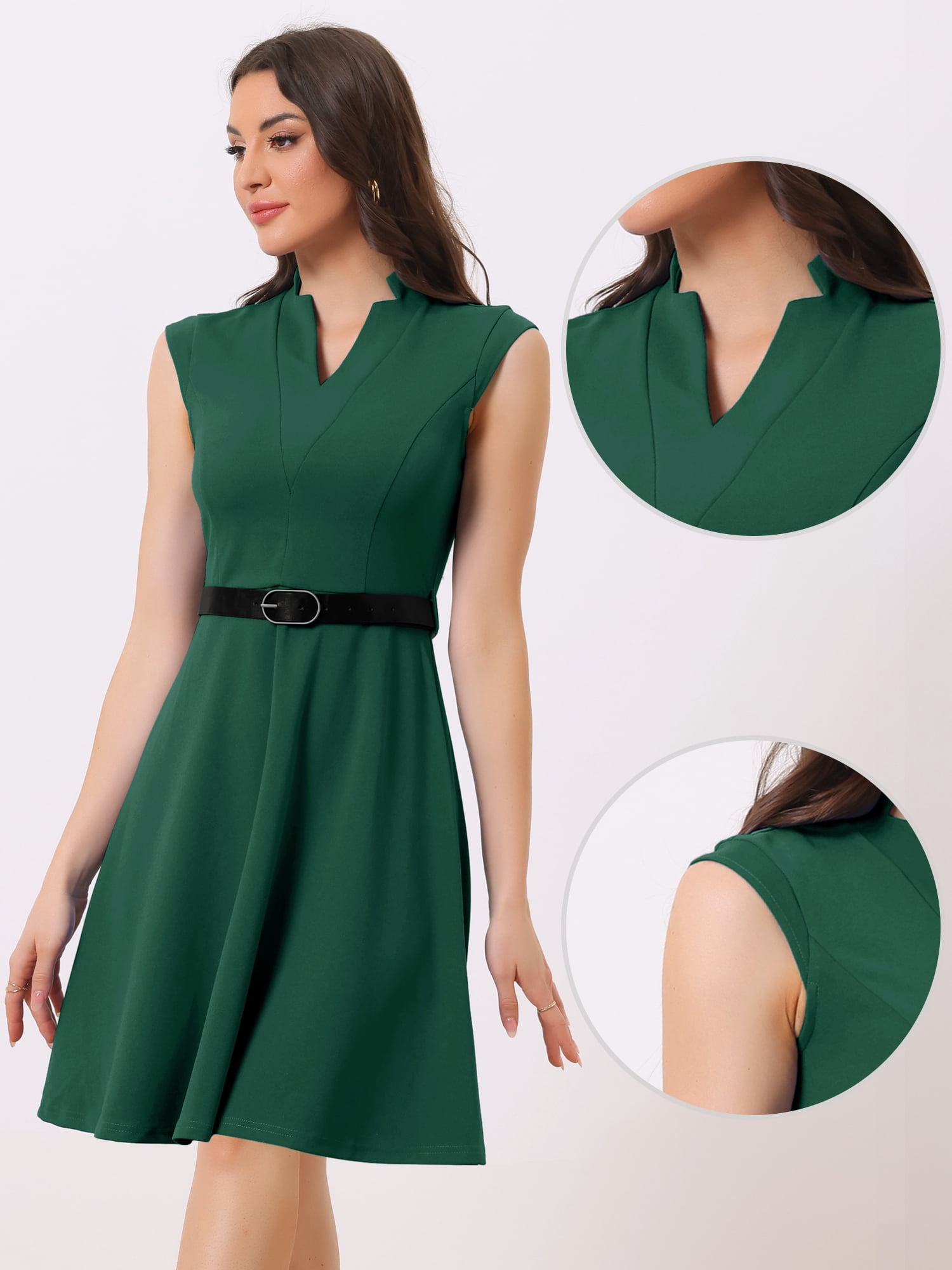 DARING DIVA Elegant Dress Split Neck Wear to Work Sleeveless Dresses M Green
