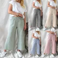 thumbnail image 4 of Women's High Waisted Wide Leg cotton-linen blend Pants - Casual Loose Straight Palazzo Trousers with Elastic Waist & Pockets (Multiple Colors), 4 of 5