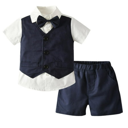 

Kids Boys Gentleman Clothes Bowtie Short Sleeve Blazer Waistcoat Shirts Shorts 2Pcs Children Suit