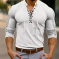 thumbnail image 2 of Lovskoo 2024 Men's Activewear Shirts Solid Color Casual Trendy Lace Up Sports Pullover T-Shirt Long Sleeve Tops White, 2 of 6