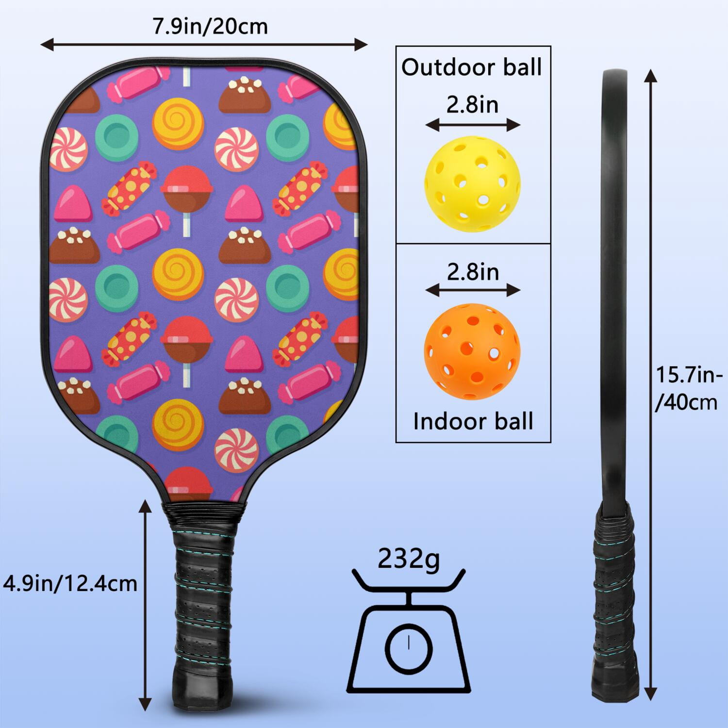 Pickleball Paddles Set Of 2, Fiberglass Surface, Sweet Candy Print, 4 Balls & Bag