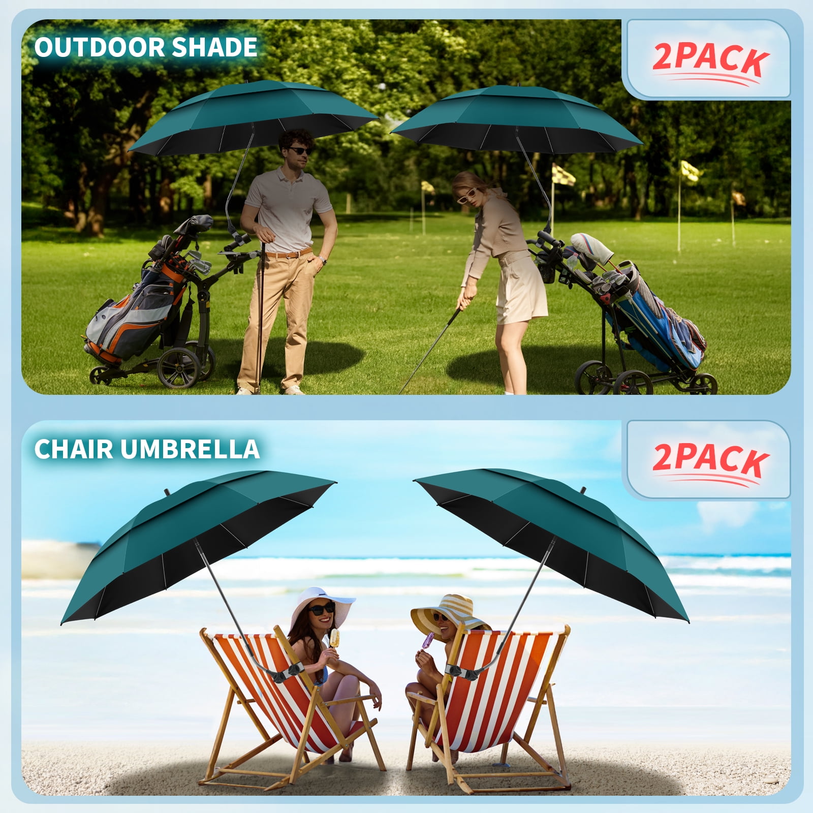 2 Pack 48.6" Double Canopy Umbrella with Clamp, UPF50+ Beach Chair Umbrella with clip, 360°Adjustable Portable Outdoor Wheelchair, Patio, Golf Carts,Camping(Hunter Green, Not Include Chair)