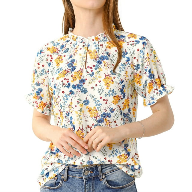 INSPIRE CHIC Blusas de mujer con volantes de manga corta floral con cuello simulado y volantes Blanco azul S