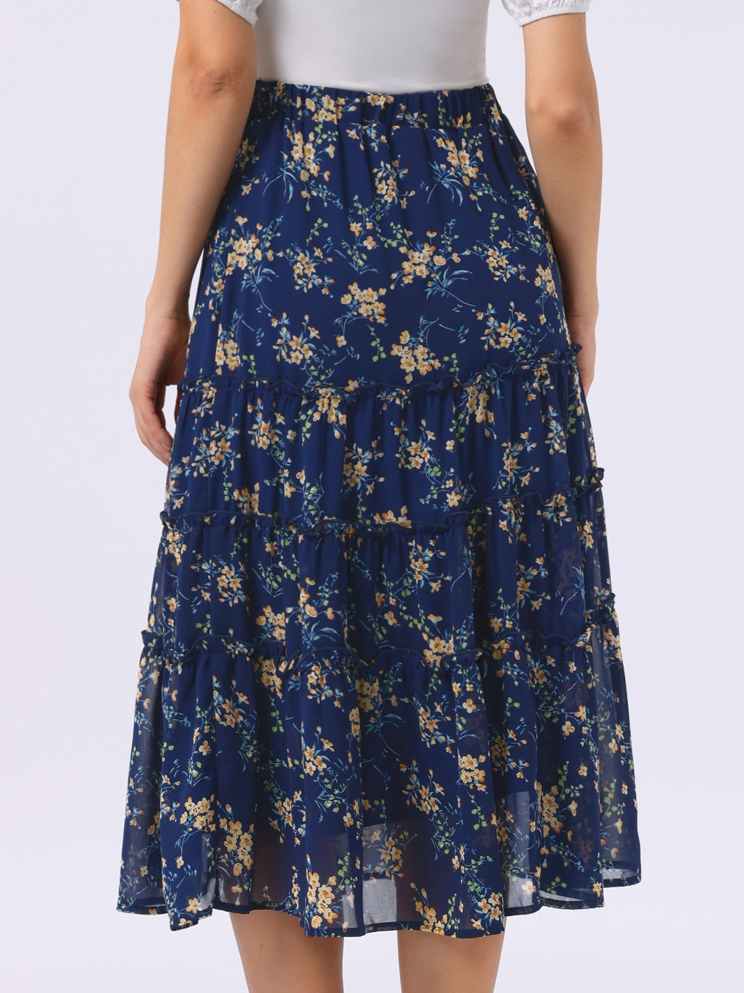 DARING DIVA Women's Chiffon A-line Long Tiered Ruffle Maxi Skirt XS Blue Yellow Floral
