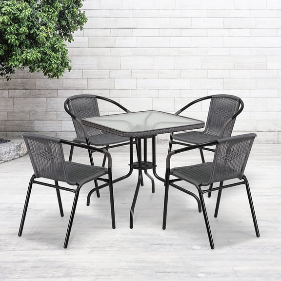 5-Piece 28 Square Glass Metal Bistro Table and 4 Stacking Rattan Chairs Set for Outdoor  Garden