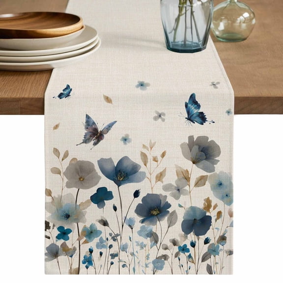 Table Runner 70 Inches Long for Kitchen Dining, Blue Floral Dresser Scarf Farmhouse, Dining Table Decorations for Wedding/Parties, Spring Watercolor Flowers Butterflies Beige 13 x 70 In