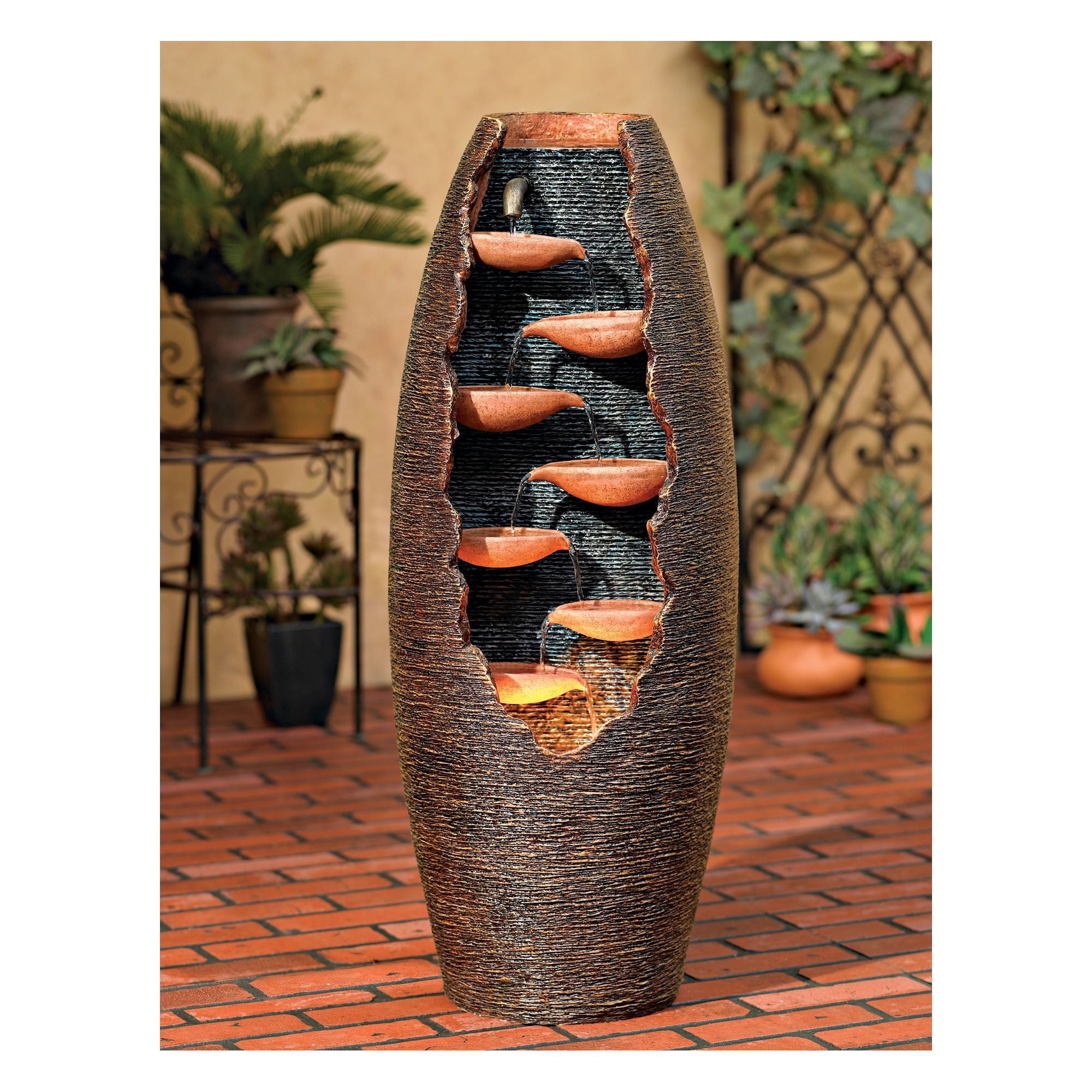 Nathan Seven Cascade 35" High Large Rustic Indoor Outdoor Decor Resin Floor Fountain with Light LED Cut-Away