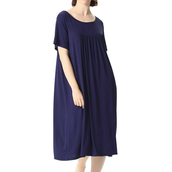 HYwys Women's Plus Size Nightgown Cotton Short Sleeve Sleepwear Summer Pajama Dress Knee Length Nightwear Shirred House Pj Sleep Lounge Gown Navy 3X