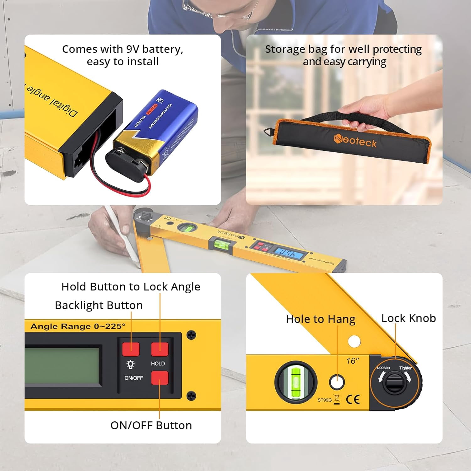 Neoteck 225° 16 inch Digital Angle Finder Aluminum Protractor with LCD Backlight Digital Angle Measuring Tool with Horizontal and Vertical Bubble for Woodworking, Construction, Machinery - Golden