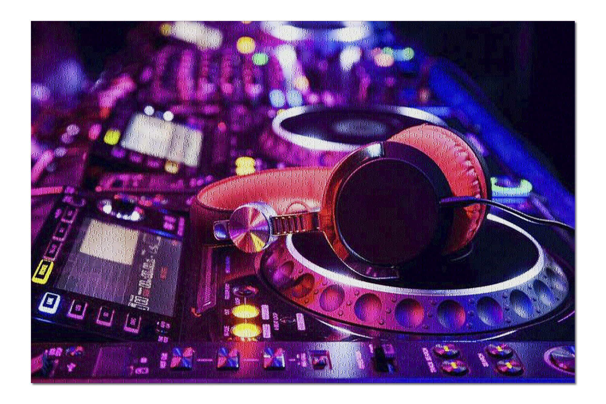Close Up of DJ Mixer with Headphones in Red & Blue Light 9015269 (20x30