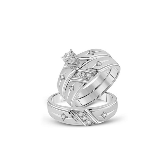 FB Jewels 10kt White Gold His & Hers Round Diamond Solitaire Cross Matching Bridal Wedding Ring Band Set 1/6 Cttw