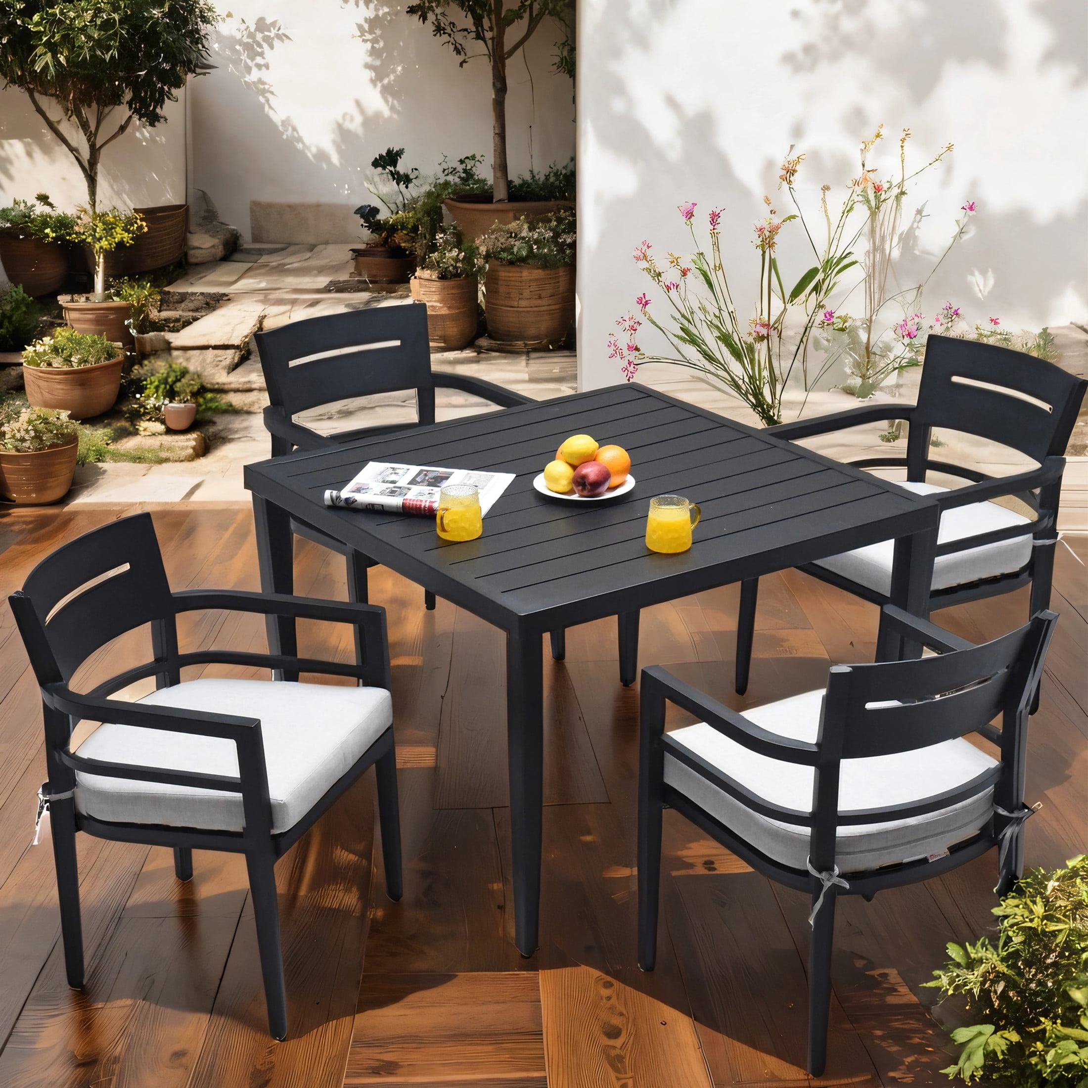 Noble House Loft 40" Square Aluminum Outdoor Dining Table, Umbrella Hole, Tapered Legs, for Patio, Garden, Ember Black