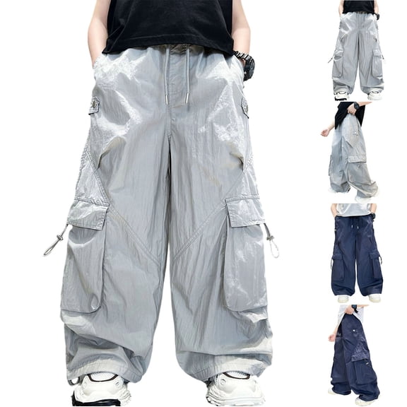 Miluxas Boy's Baggy Cargo Pants Trendy Casual Parachute Pant Loose Fit Harem Joggers with Pockets for Streetwear Navy 13 Years(13-14 Years)