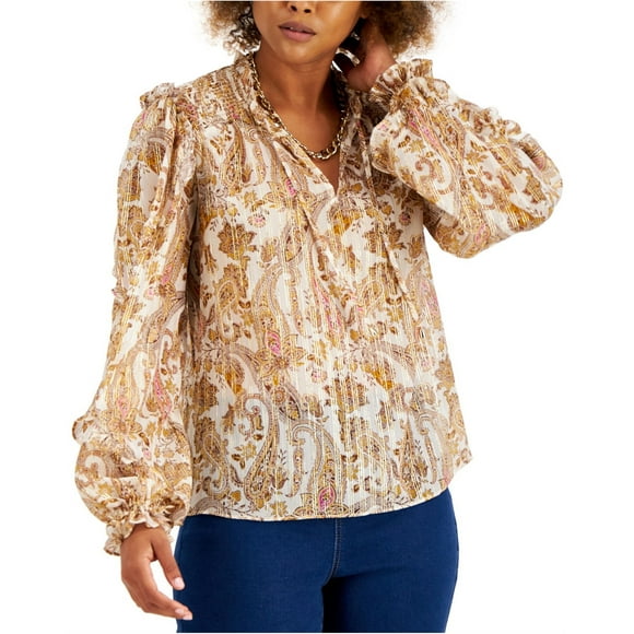 I.N.C Womens Paisley Peasant Blouse, Off-White, X-Small
