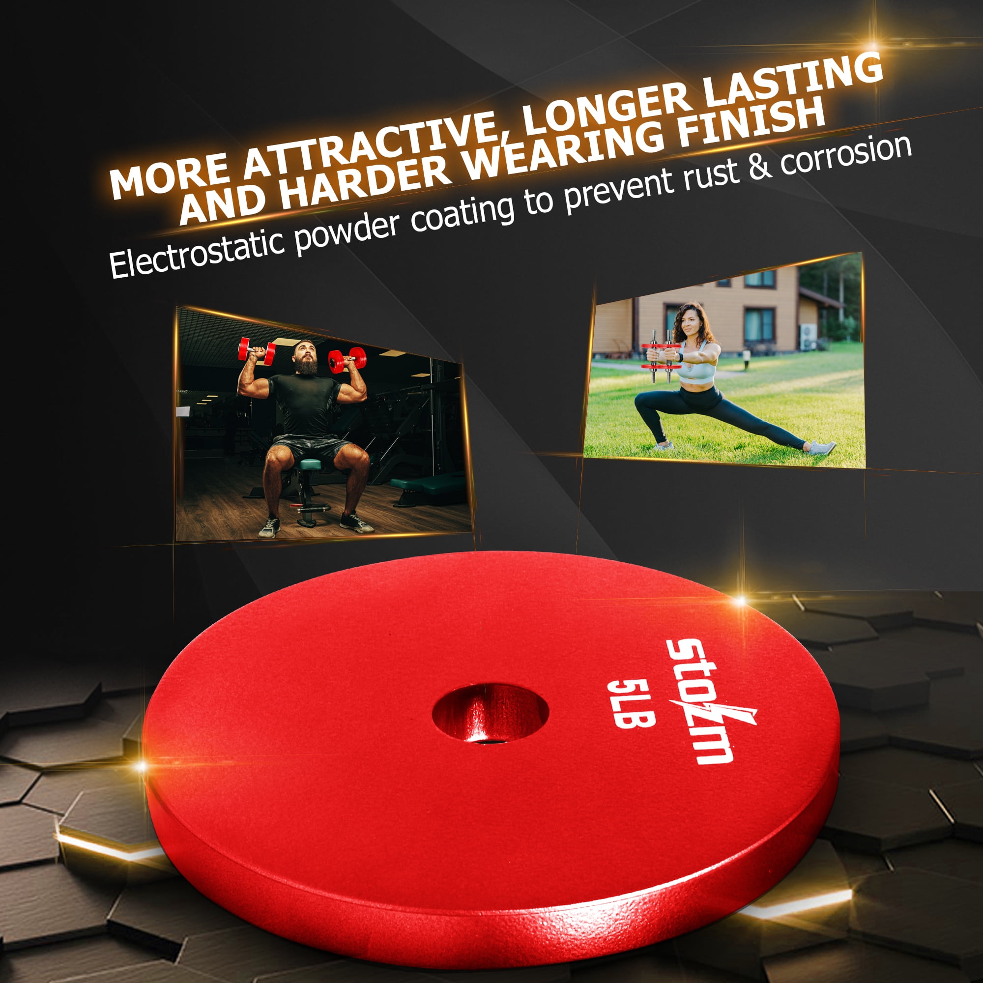 STOZM Solid Steel Weight Training Plates 1 Inch, 12 x 5 lbs. Set (Red)