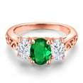 thumbnail image 3 of Gem Stone King 18K Rose Gold Plated Silver Green Nano Emerald and White Moissanite Filigree Style 3 Stone Ring for Women (1.75 Cttw, Oval 8X6MM and 6X4MM) (Size 8), 3 of 6