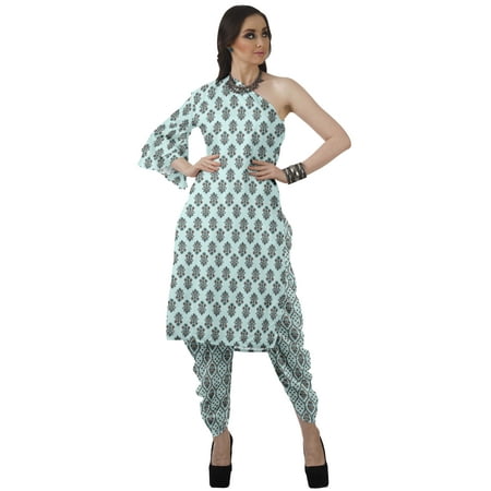

Moomaya Designer Printed One Shoulder Bell Sleeve Kurti w/ Pants Ethnic Clothing Sets For Women