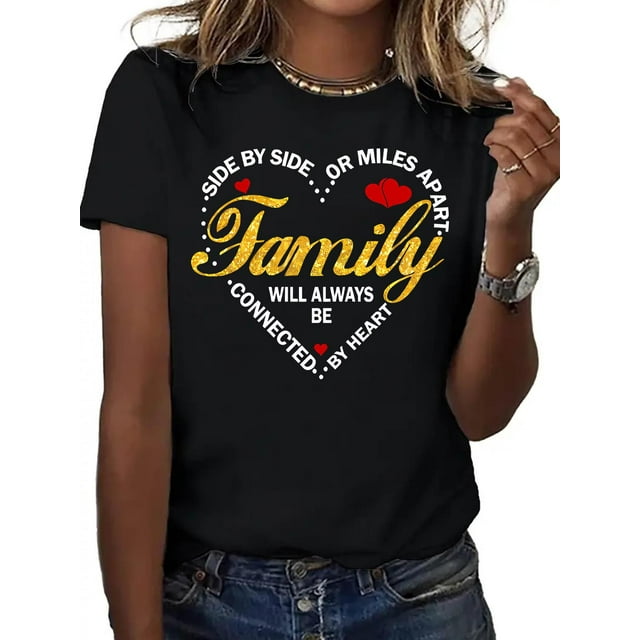 Family Love Heart Print T-Shirt for Women, Casual Crew Neck, Medium Stretch, Cartoon Pattern, for All Seasons