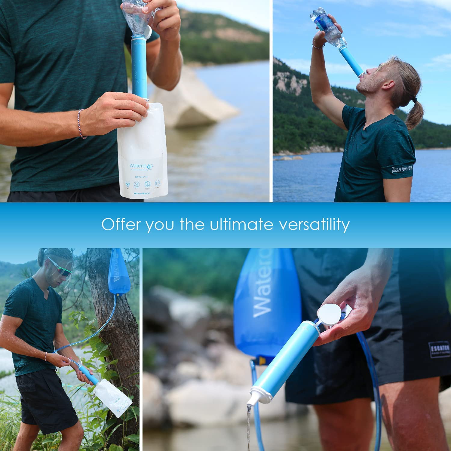 Waterdrop Water Pouch for Drinking, Hiking Water Bag, Pouch Water Bottle,  Compatible with Filter Straw, Reuseable, Foldable, BPA-Free, 16 oz, Pack of