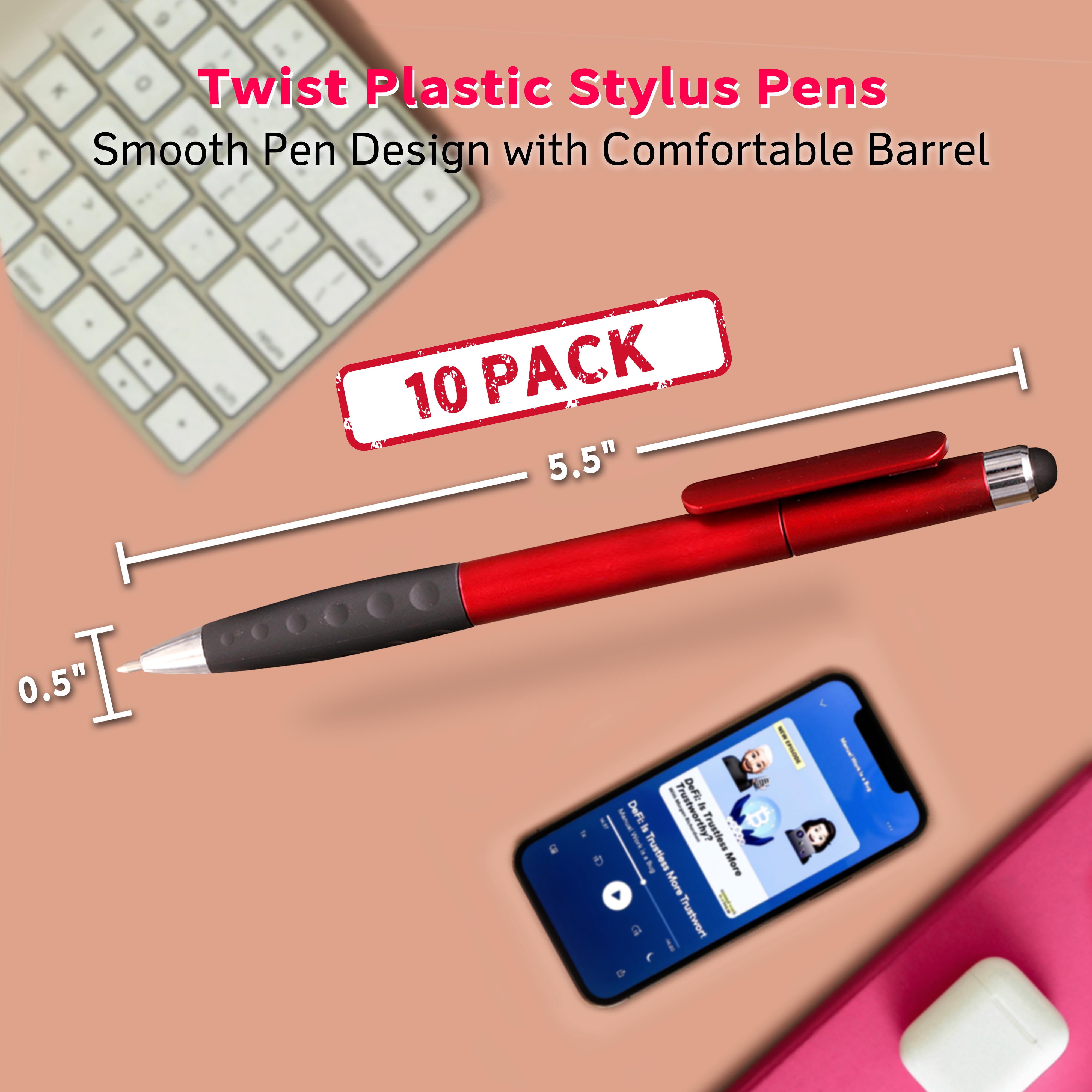 10 Twist Plastic Stylus Pens Pack - Ballpoint, Rubber Grip - Red