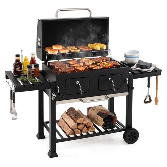 Biotree 780 SQIN Large Charcoal Grill, Outdoor BBQ Grill with Adjustable Charcoal Trays, Protective Cover, Folding Side Tables & Wheels, Portable Charcoal Cooker for Backyard Patio Camping Black