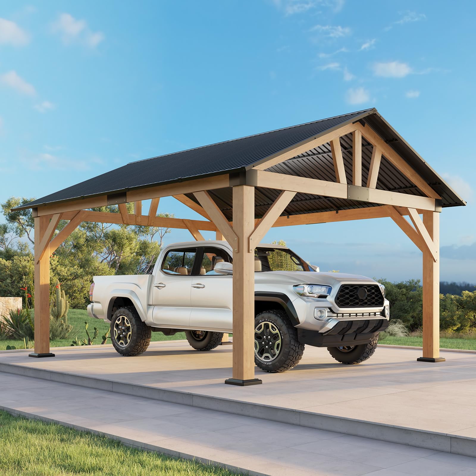 LUXOAK 13x15 ft Wood Gazebo with Bar Storage, Hardtop Pavilion & Steel Gable Roof