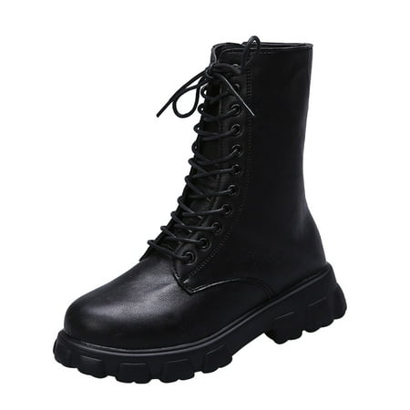 

Black Boots for Women Ladies Fashion Solid Color Leather Round Toe Biker Boots Lace Up Platform Mid Boots Mid-Calf Boots for Women PU Black