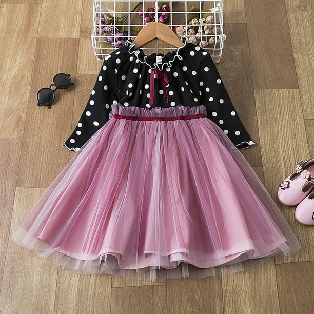 Toddler Kids Girl Fashion Long Sleeved Polka Dot Print Bow Princess Mesh  Dress Girls Skirt Kids Clothes Black 2 Year Ql1707