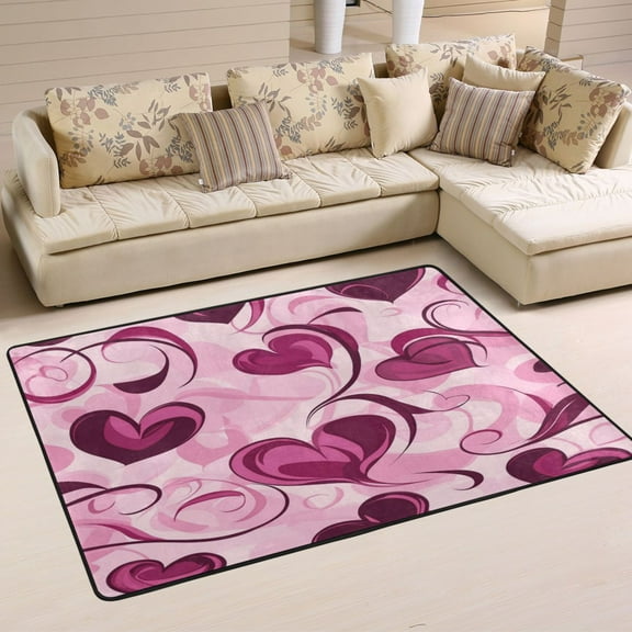Non-Slip Area Rug 36"x24" Indoor Washable Floor Mats Carpet Printed for Living Room, Bedroom, Home Decor Pink and Burgundy Hearts