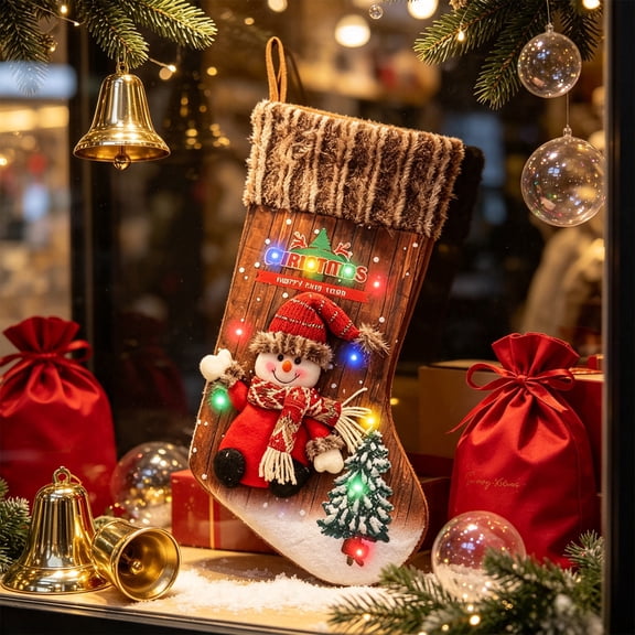Jumbo 3D Christmas Stockings, Light‑up Christmas Stocking, Large Xmas Stocking with 3D Character Appliques & LED Lights, Vintage Hanging Gift Sack for Fireplace Mantel Home Holiday Decoration