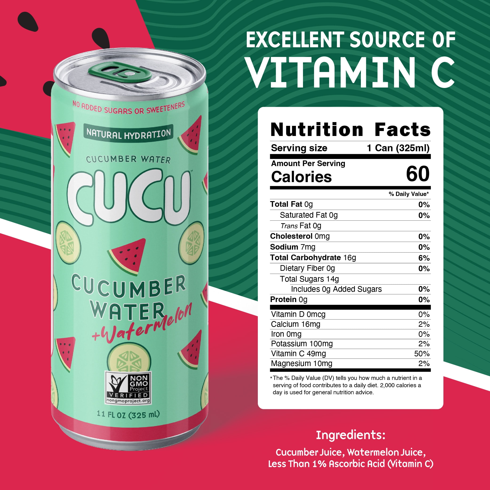 CUCU Pressed Cucumber + Watermelon Water, Real Cucumber & Watermelon Juice, Vitamin C, No Sugar Added, Non-GMO, 11 fl oz, 12 Pack