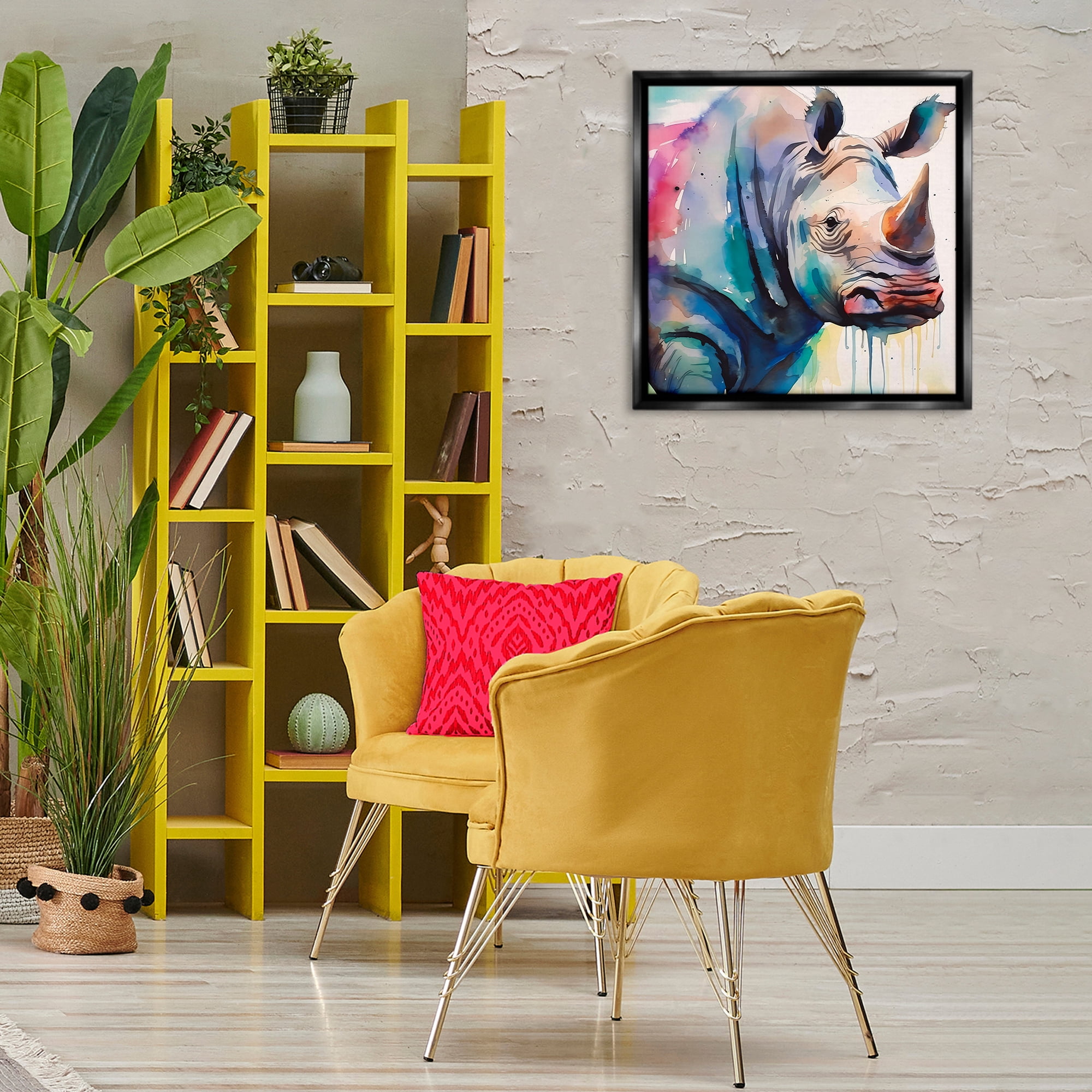 Stupell Industries Paint Drip Rhinoceros Animals & Insects Painting Black Floater Framed Canvas Art Print Wall Art, 25 x 25