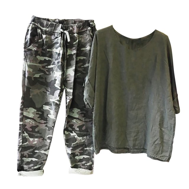 Conjunto de tops y pantalones de camisa de jersey de media manga con cuello redondo de camuflaje para mujer Wmkox8yi bvn1401