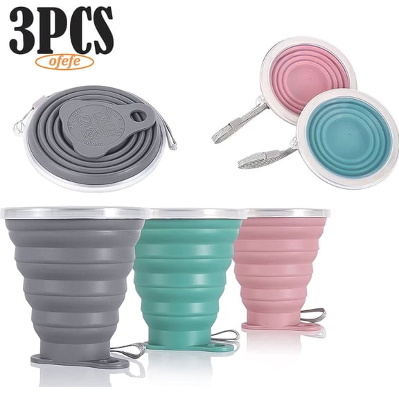 3Pcs Collapsible water bottle,Silicone Collapsible Travel Cup - Silicone Folding Camping Cup with Lids - Expandable Drinking Set[9.22oz]