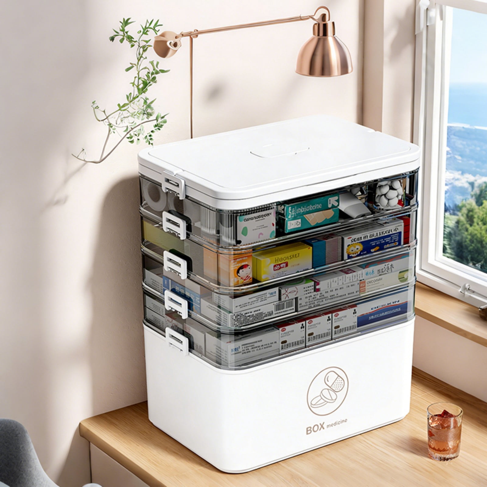 Asnews 5-Tier Large Medicine Organizer Box With Free Travel Pill Case – Portable First Aid Kit, Clear Medicine Storage With Handle & Secure Latch For Home (Extra Large Capacity)