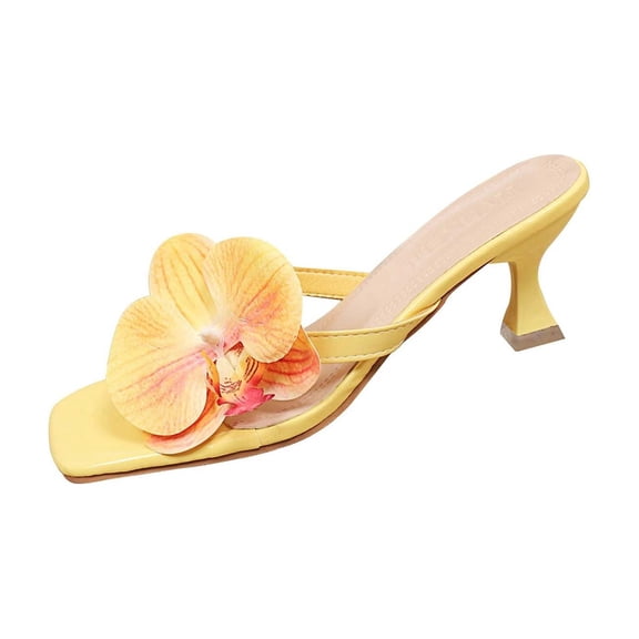 KEGIRLOM Women's Fashionable Casual Spring And Summer Versatile Plus Size Floral Sandals Toe Open Toe Thong High Heel Slippers Yellow 6.5