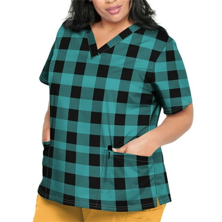 

Sksloeg Scrub Tops Women Stretchy Plus Size Short Sleeve Azik Ethnic Printed Working Uniform with Pocket Stretch Casual V-Neck Summer Holiday Workwear Green XXXXL
