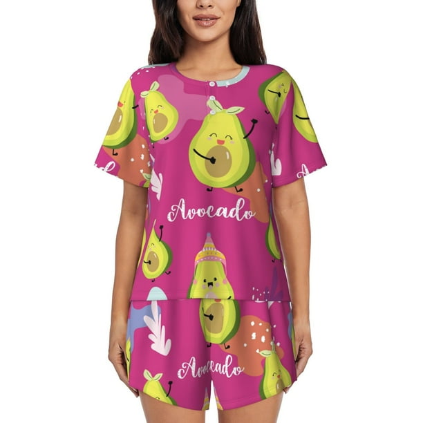Fotbe Pink Green Avocado Conjunto de Pijama Estampado para Mujer, 2 Piezas, Ropa de Dormir con Camiseta de Manga Corta y Shorts Suaves-Large