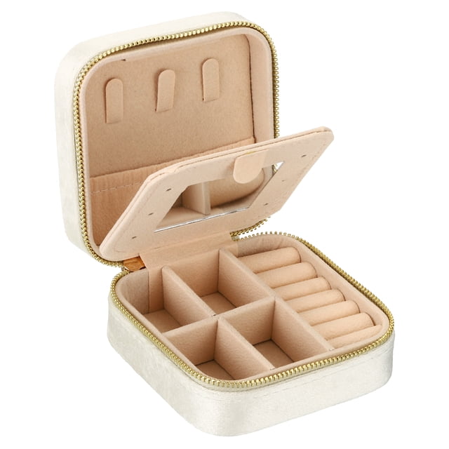 Unique Bargains Travel Jewelry Case, Small Jewelry Organizer Portable Mini Jewelry Box with Mirror Square Style 2, White