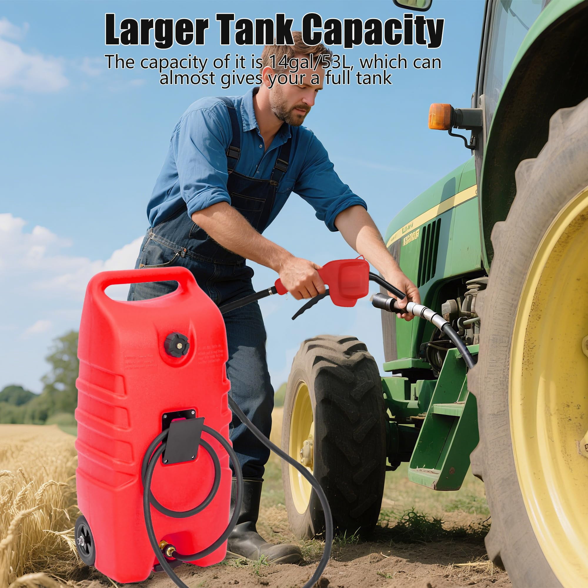14 Gallon Portable Fuel Tank with Wheels,Gas Caddy with Manual Siphon Pump & 10FT Hose, T-Handle for Easy Carry, Included for Cars, ATVs, Boats,Red