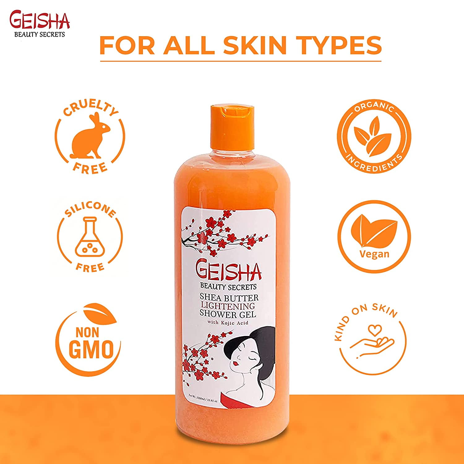 Geisha Body Wash & Shower Gel with Kojic Acid and Shea Butter, Coconut Scent, 1000ml