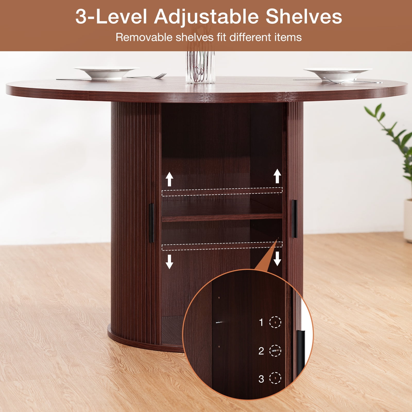 Hommpa 48" Round Dining Table with Storage, Morden Kitchen Table Wood for 4 with 2-Layer Storage Shelves and Wood Slide Door for Kitchen for Party Holiday Festival Christmas Gift, Brown