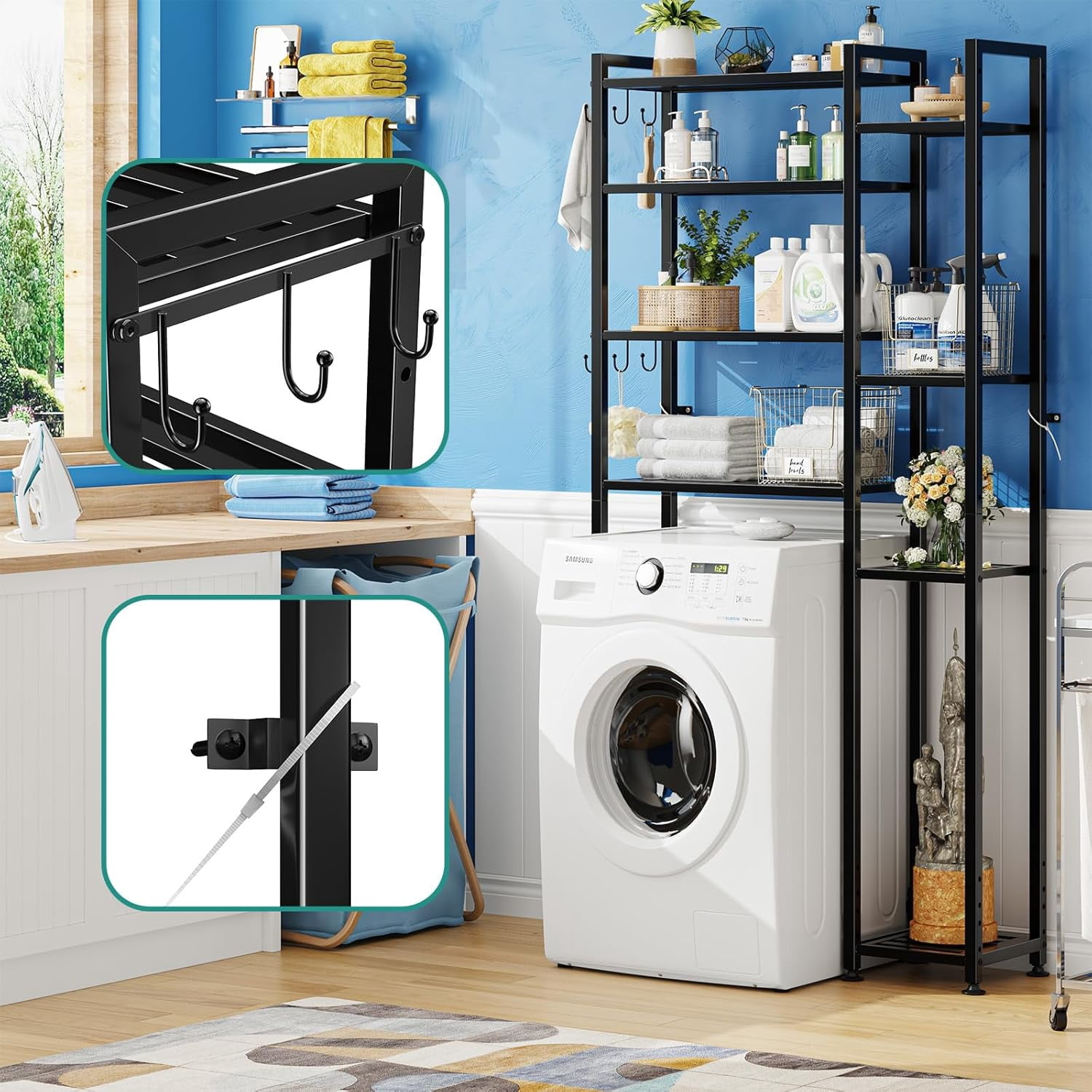 8 Tier Over The Toilet Storage with Side Rack, Bathroom Organizer Metal Shelves for Towels, Black
