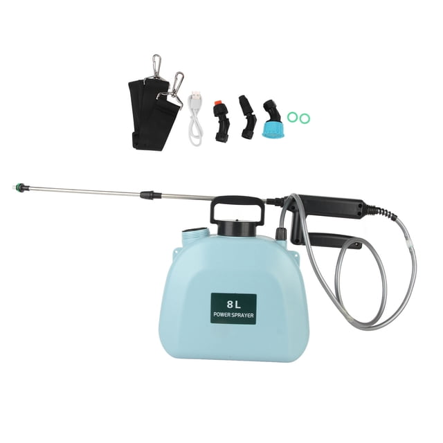 Pulverizador eléctrico de 8 l con mango antideslizante, batería de 2000 mAh y correa para el hombro, color azul